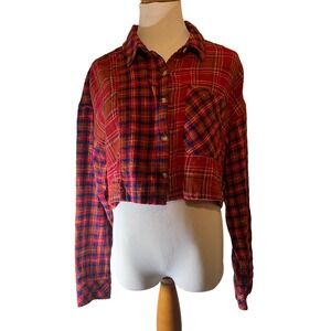 Arizona‎ Jean Co Cropped Plaid Flannel Shirt Long Sleeve Button Up Women Size L